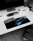 Starship cutting through a blue trail mouse pad 28x12 inches with tiny starlight speckles.