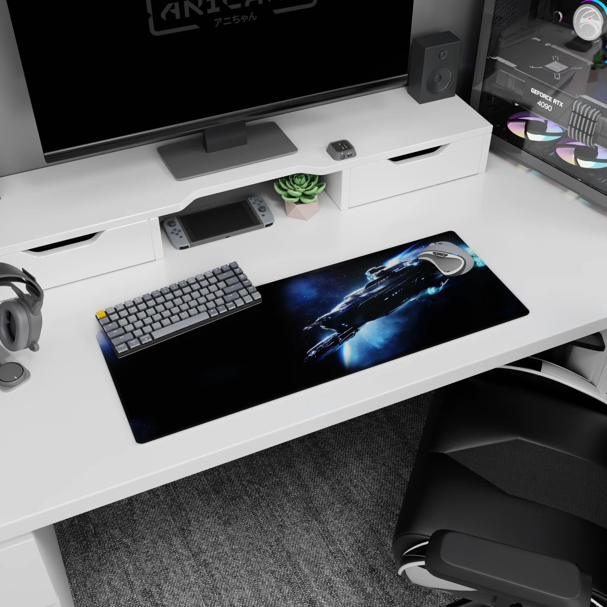 Sleek starship cutting through a blue glow on a 32x12 inches mouse pad with icy trail.