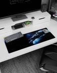 Sleek starship cutting through a blue glow on a 32x12 inches mouse pad with icy trail.