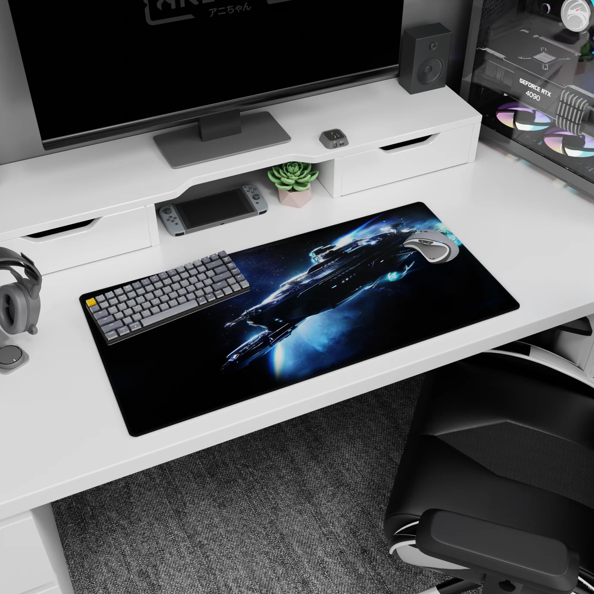 Sleek starship cutting through a glowing blue trail on a 32x16 inches mouse pad in deep space.
