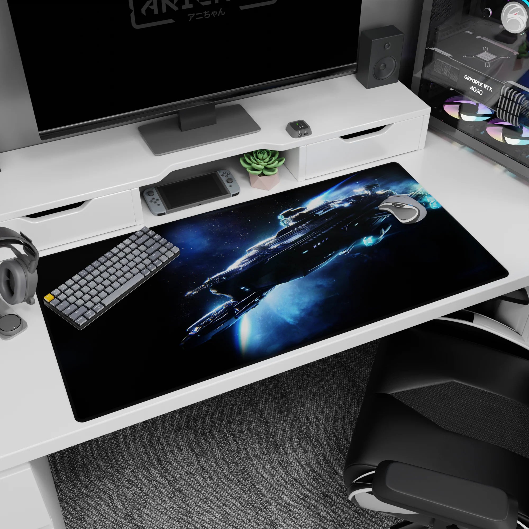 Sleek starship cutting through a glowing blue trail on a 40x20 inches desk pad, set in deep space.