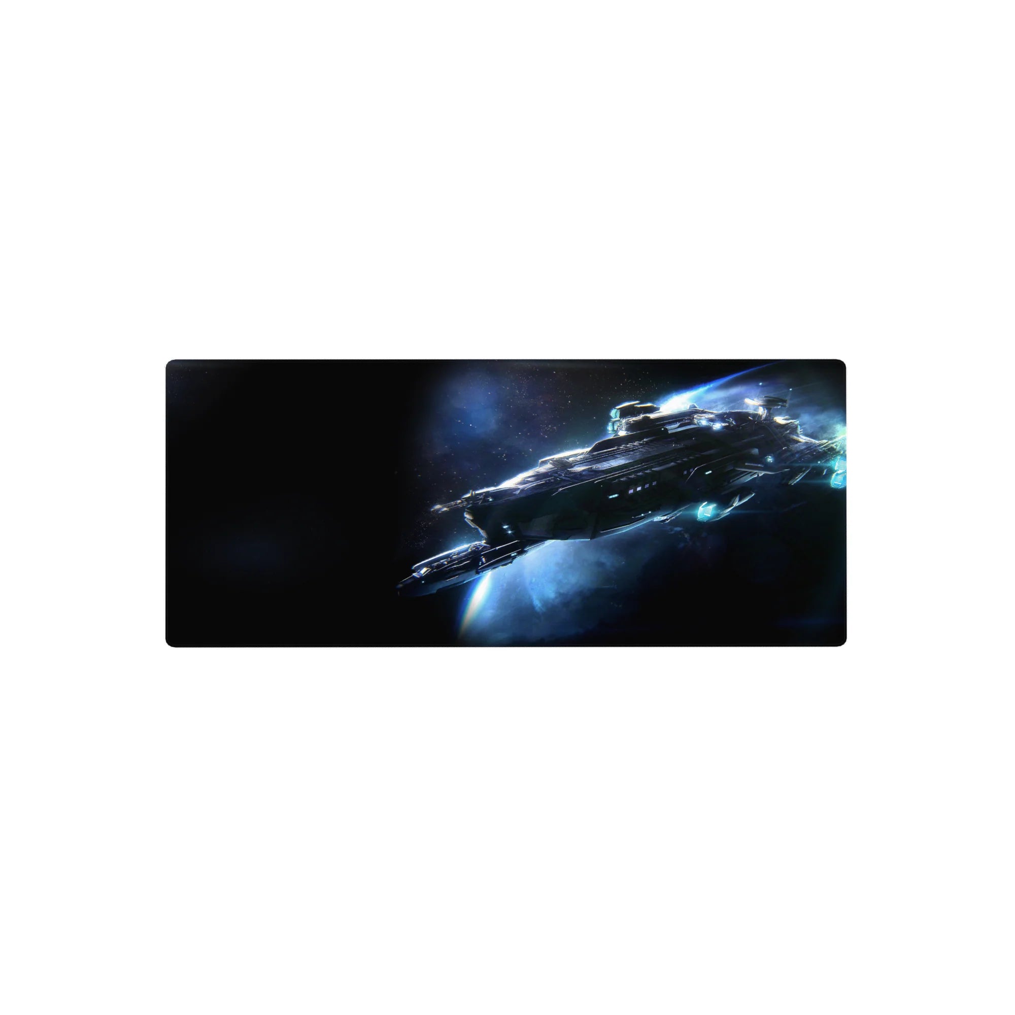 Space starship desk mouse pad 28x12 inches with sleek spacecraft and starlit background.