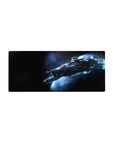 Space starship desk mouse pad 28x12 inches with sleek spacecraft and starlit background.