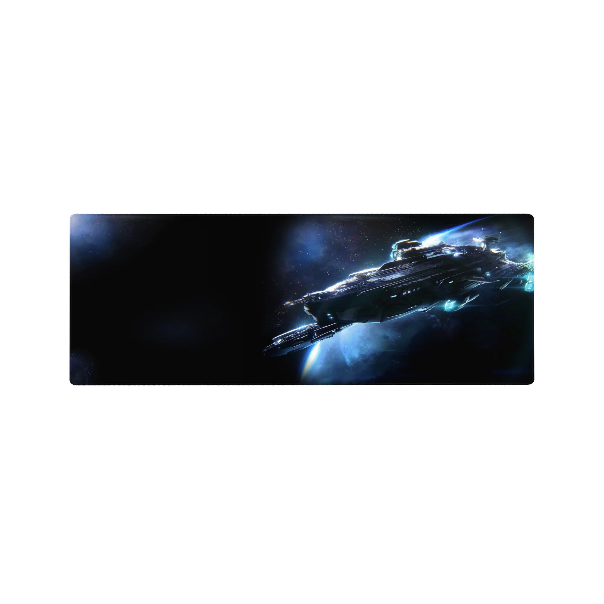 Space starship desk mouse pad 32x12 inches with starlight speckles and glowing blue trail.
