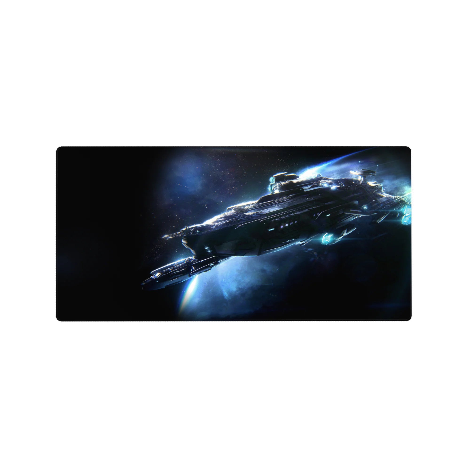 Space starship desk mouse pad 32x16 inches with starlight speckles and icy blue trail design.