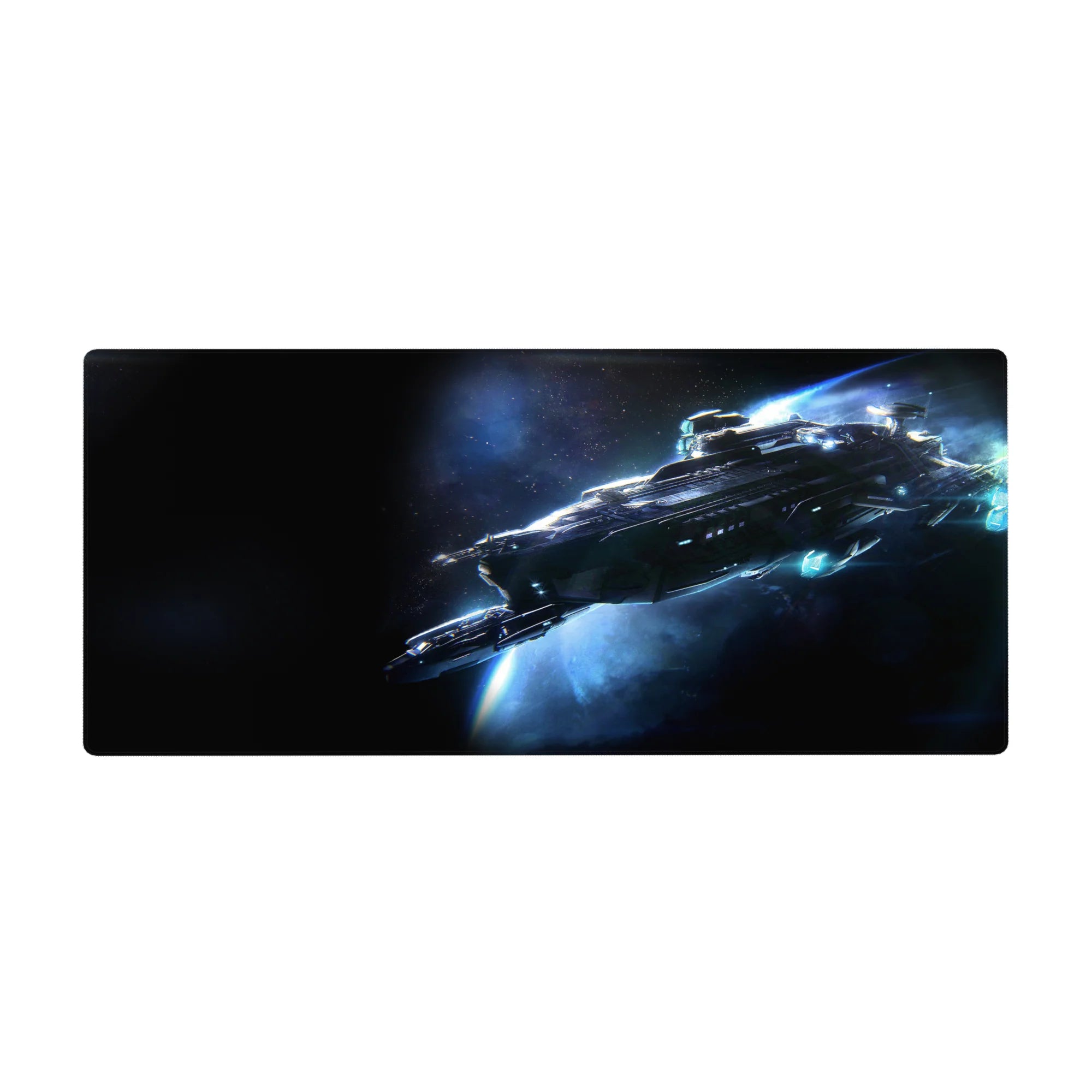 Space starship desk pad 36x16 inches with smoky blue glow, starlight speckles, and sleek sci-fi design.