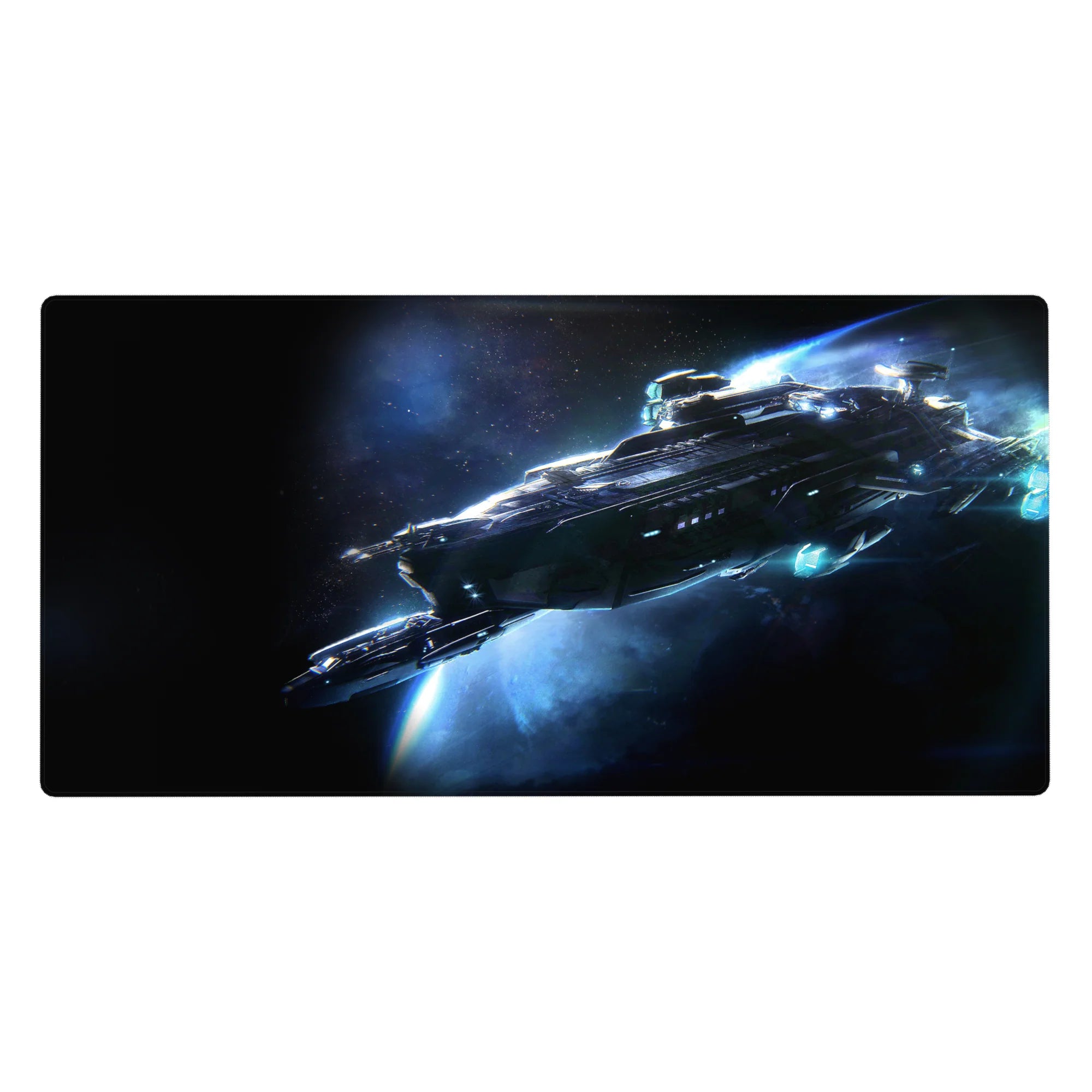 Space starship desk pad, 40x20 inches, with starlight speckles and an icy blue engine trail.