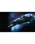 Space starship desk pad, 40x20 inches, with starlight speckles and an icy blue engine trail.