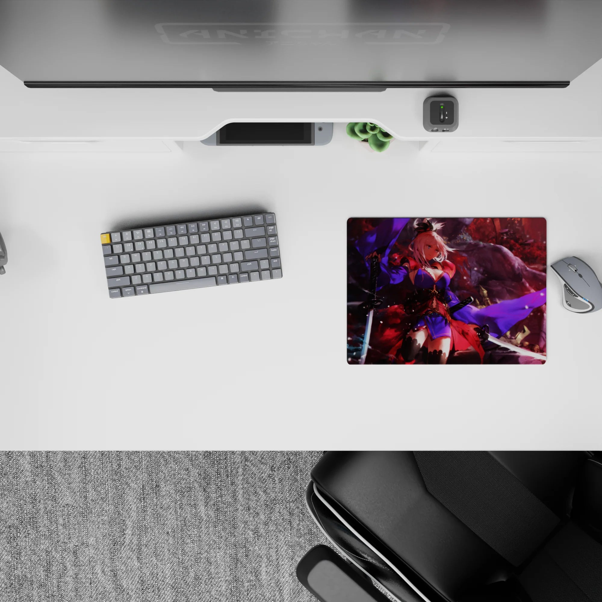 Anime girl mouse pad 14x10 inches in deep red mist and smoky shadows with electric violet accents.
