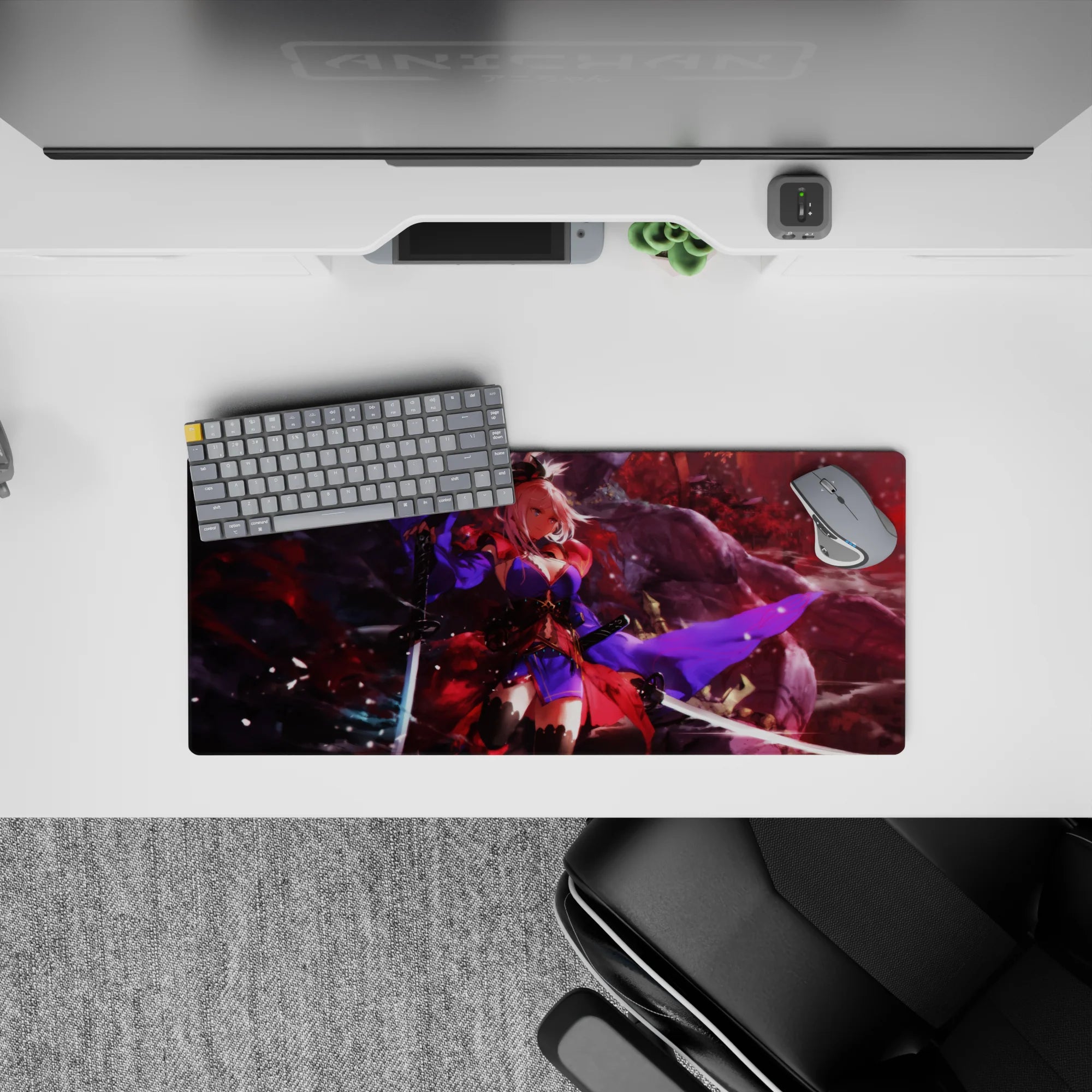 28x12 inches extended mouse pad in deep crimson fog and shadow, with electric violet accents and falling flecks.