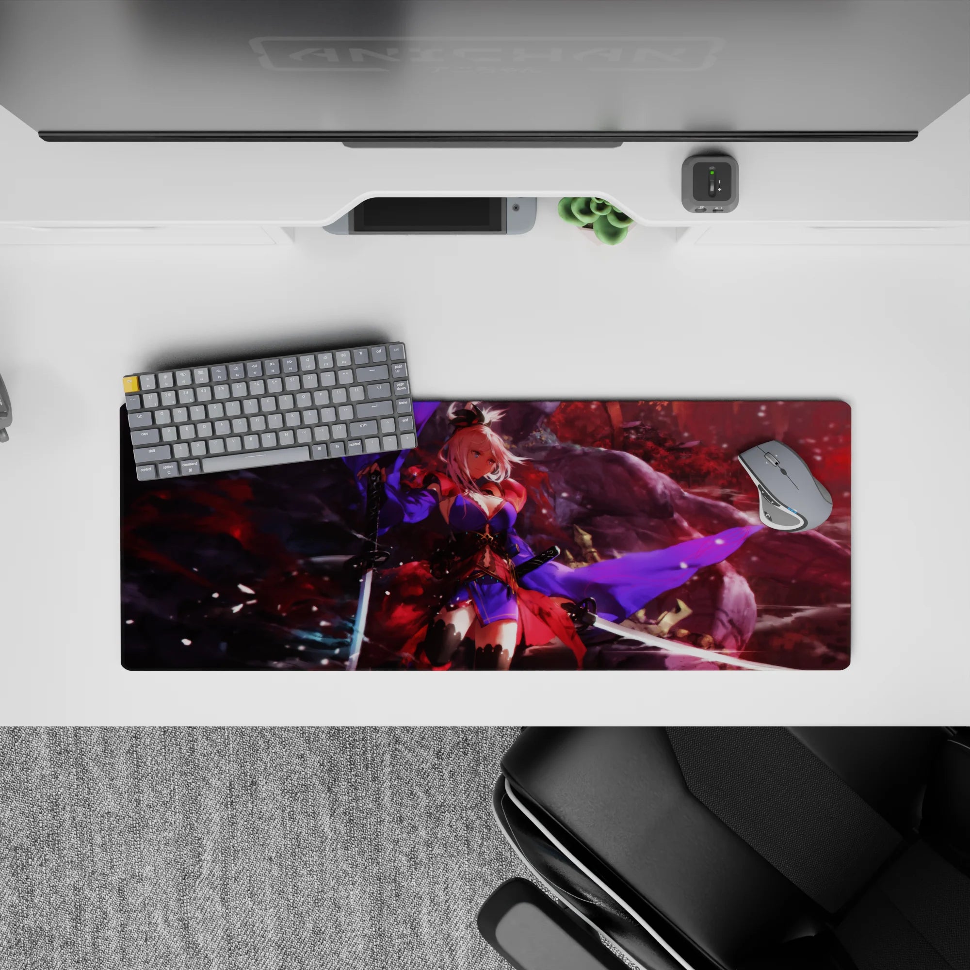 32x12 inches anime mouse pad in crimson fog and dark shadows with violet streaks and falling petals/ash.
