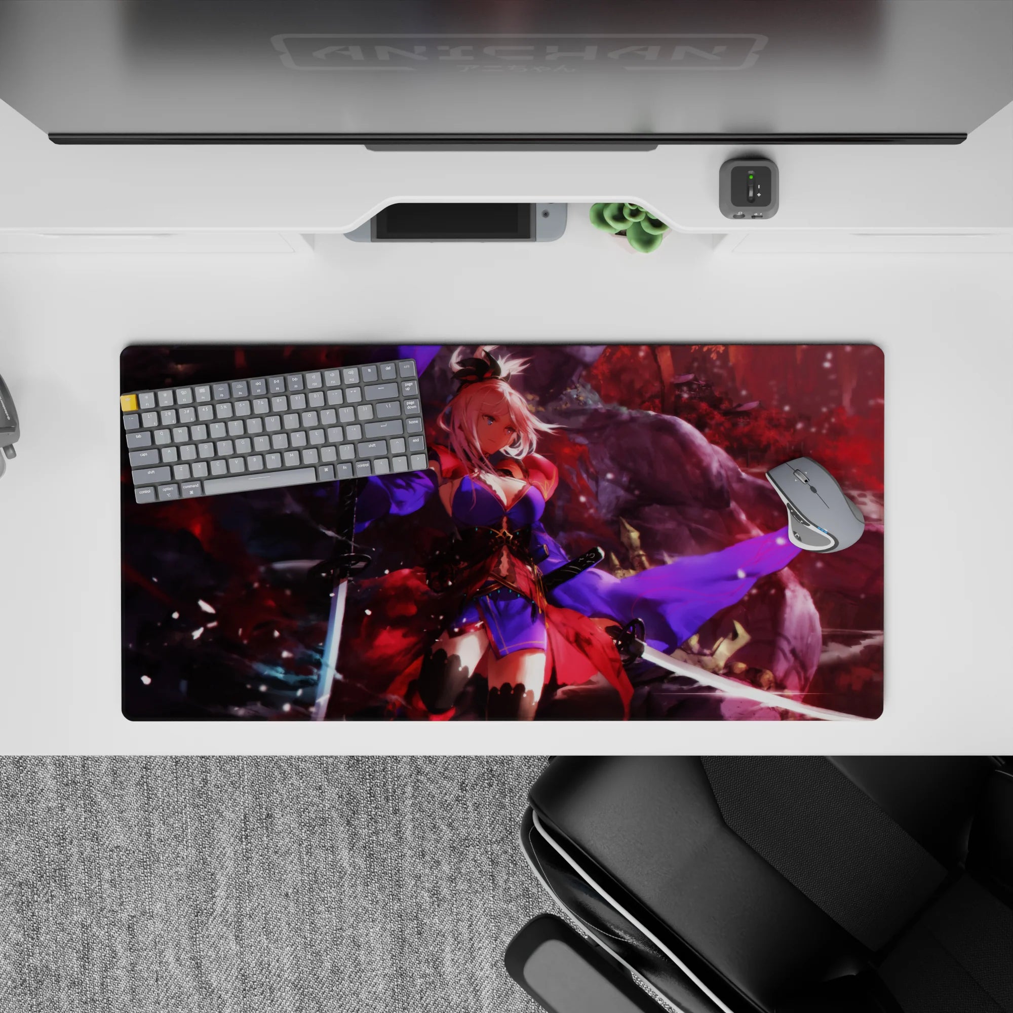 Anime girl mouse pad 32x16 inches in deep red haze and smoky shadows, with electric violet highlights and petals.