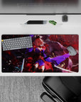 Anime girl mouse pad 32x16 inches in deep red haze and smoky shadows, with electric violet highlights and petals.