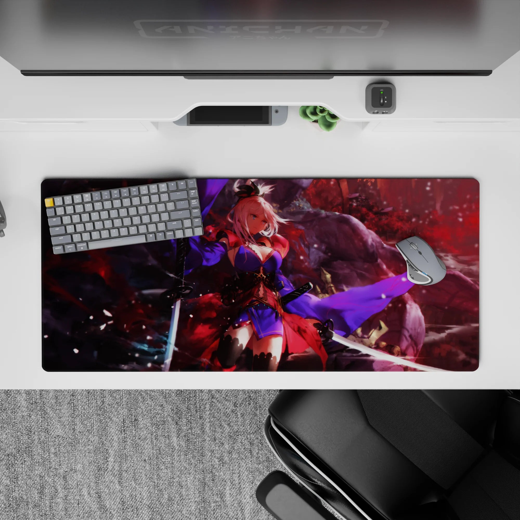 36x16 inches anime desk pad in deep red mist and smoky shadows with electric violet accents, dramatic vibe.