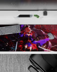 36x16 inches anime desk pad in deep red mist and smoky shadows with electric violet accents, dramatic vibe.