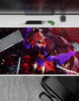 40x20 inches anime desk pad in deep red haze and smoky shadows with violet accents and falling flecks.