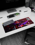 32x12 inches extended mouse pad showing a pink-haired sword dancer in red mist with drifting flecks.