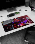 Anime girl mouse pad 32x16 inches showing a pink-haired swordfighter amid falling flecks in a stormy crimson scene.