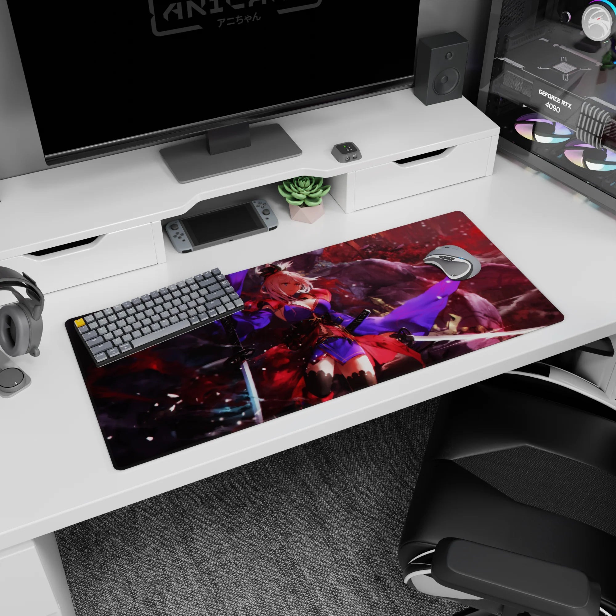 36x16 inches extended mouse pad showing a pink-haired blade dancer in red haze, petals/ash drifting around.