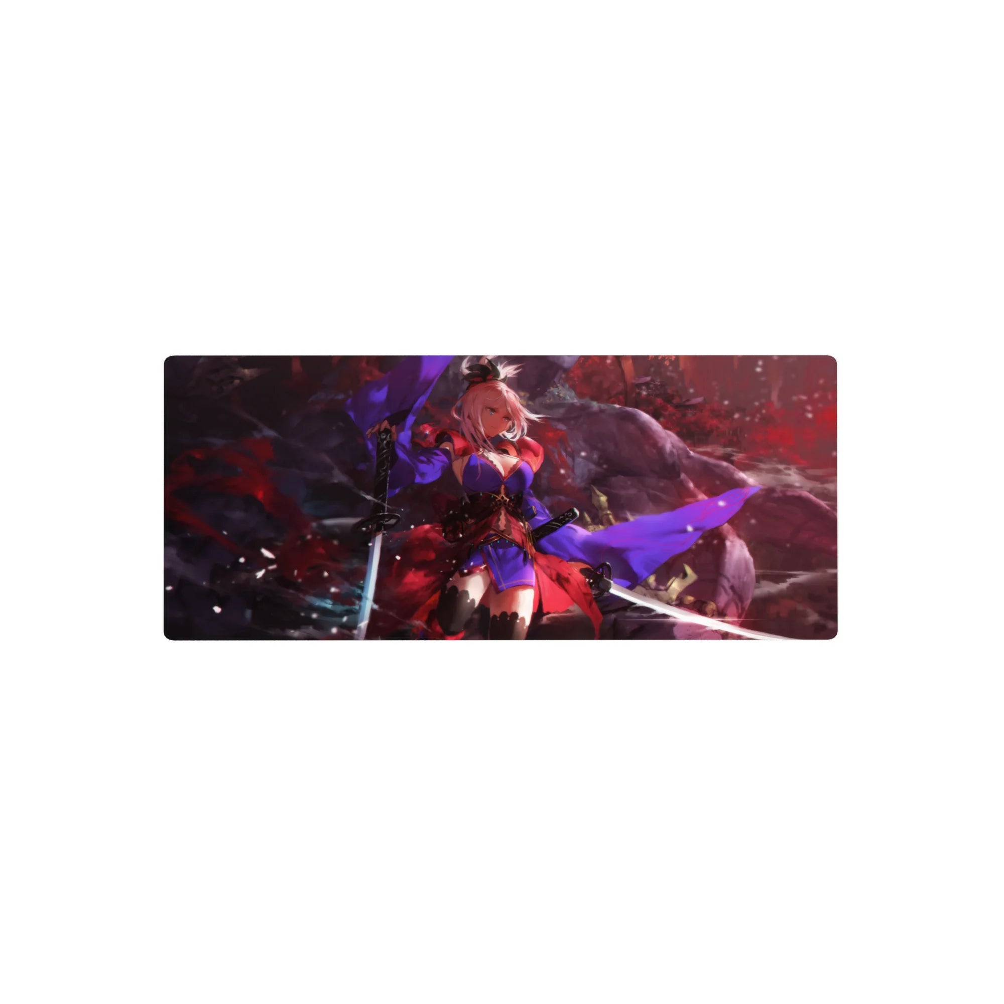 28x12 inches anime girl mouse pad with pink-haired warrior, violet sash, and smoky crimson battle backdrop.