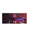 28x12 inches anime girl mouse pad with pink-haired warrior, violet sash, and smoky crimson battle backdrop.