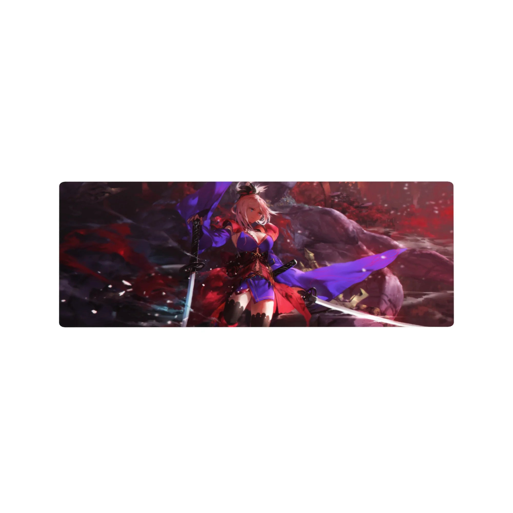 32x12 inches anime girl mouse pad with pink-haired warrior, smoky shadows, and electric violet cloth.