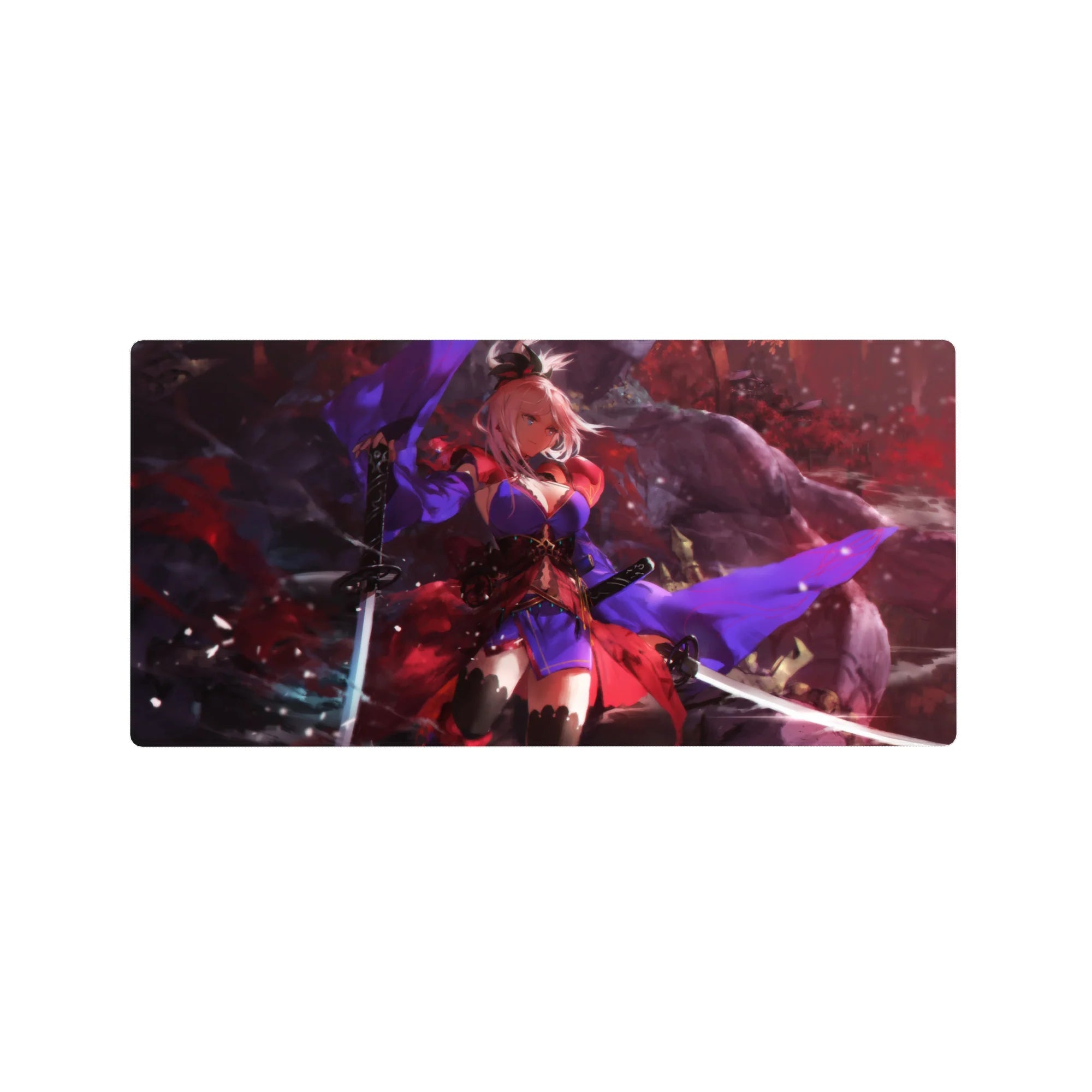 Anime girl mouse pad 32x16 inches with pink-haired warrior, crimson fog backdrop, and violet cloth accents.