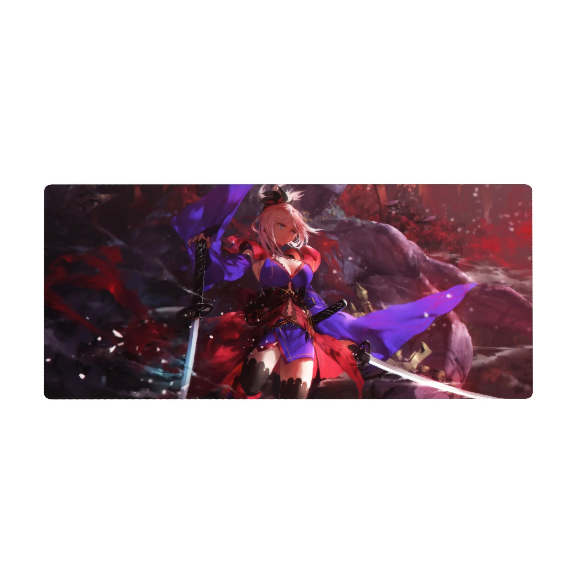 36x16 inches anime girl desk pad with pink-haired warrior, crimson fog, violet cloth, and falling flecks.