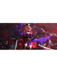 36x16 inches anime girl desk pad with pink-haired warrior, crimson fog, violet cloth, and falling flecks.