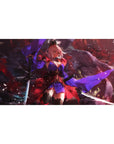 Anime girl desk pad 40x20 inches with pink-haired warrior, crimson fog, and flowing violet cloth.