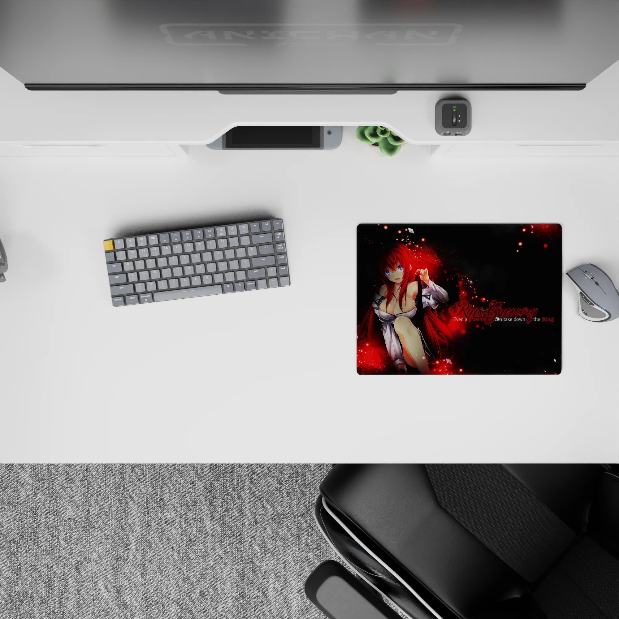 Rias Gremory from High School DxD on a 14x10 inch mouse pad, surrounded by red flames and shadows, exuding chess-themed dominance.