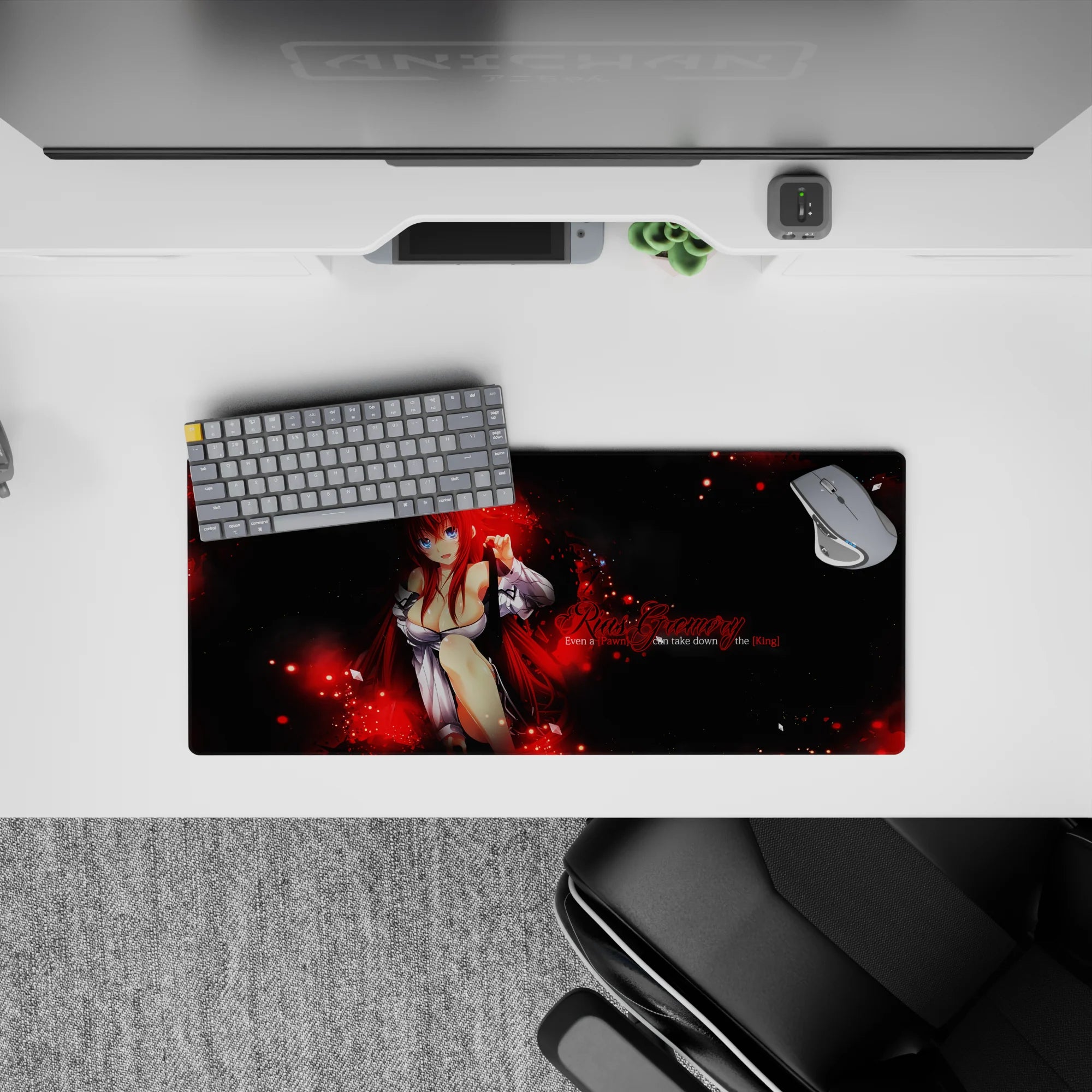 Mouse pad featuring Rias Gremory from High School DxD, 28x12 inches, with red flames, chess theme, and vivid contrasts.