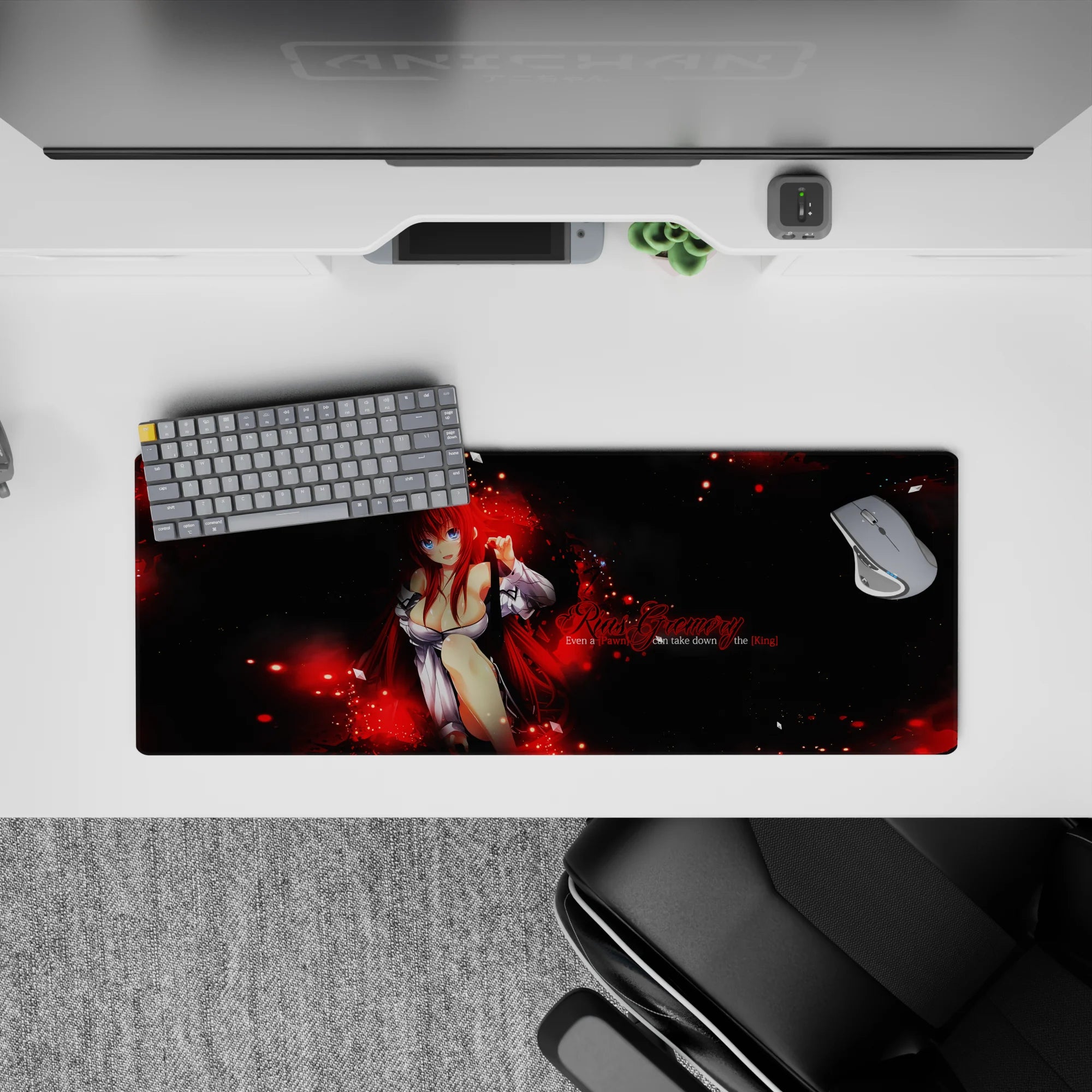 Rias Gremory from High School DxD, commanding a chessboard in red flame and shadow, on a 32x12 inch anime mouse pad.