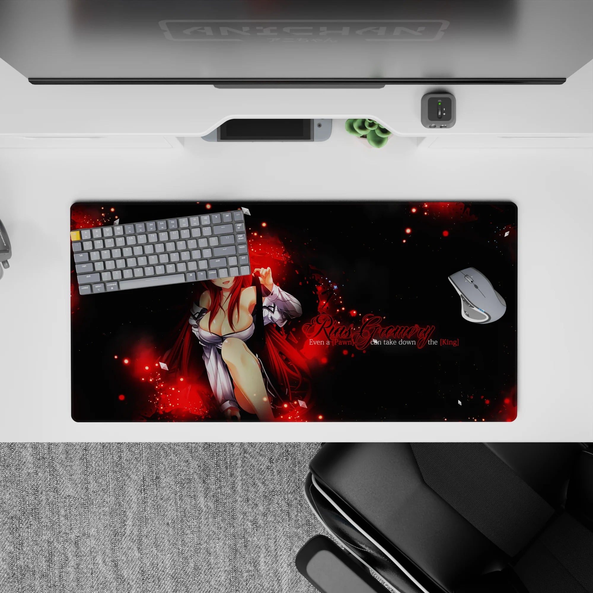 Mouse pad 32x16 inches featuring Rias Gremory from High School DxD in red flame, chess theme, perfect for bold fans.