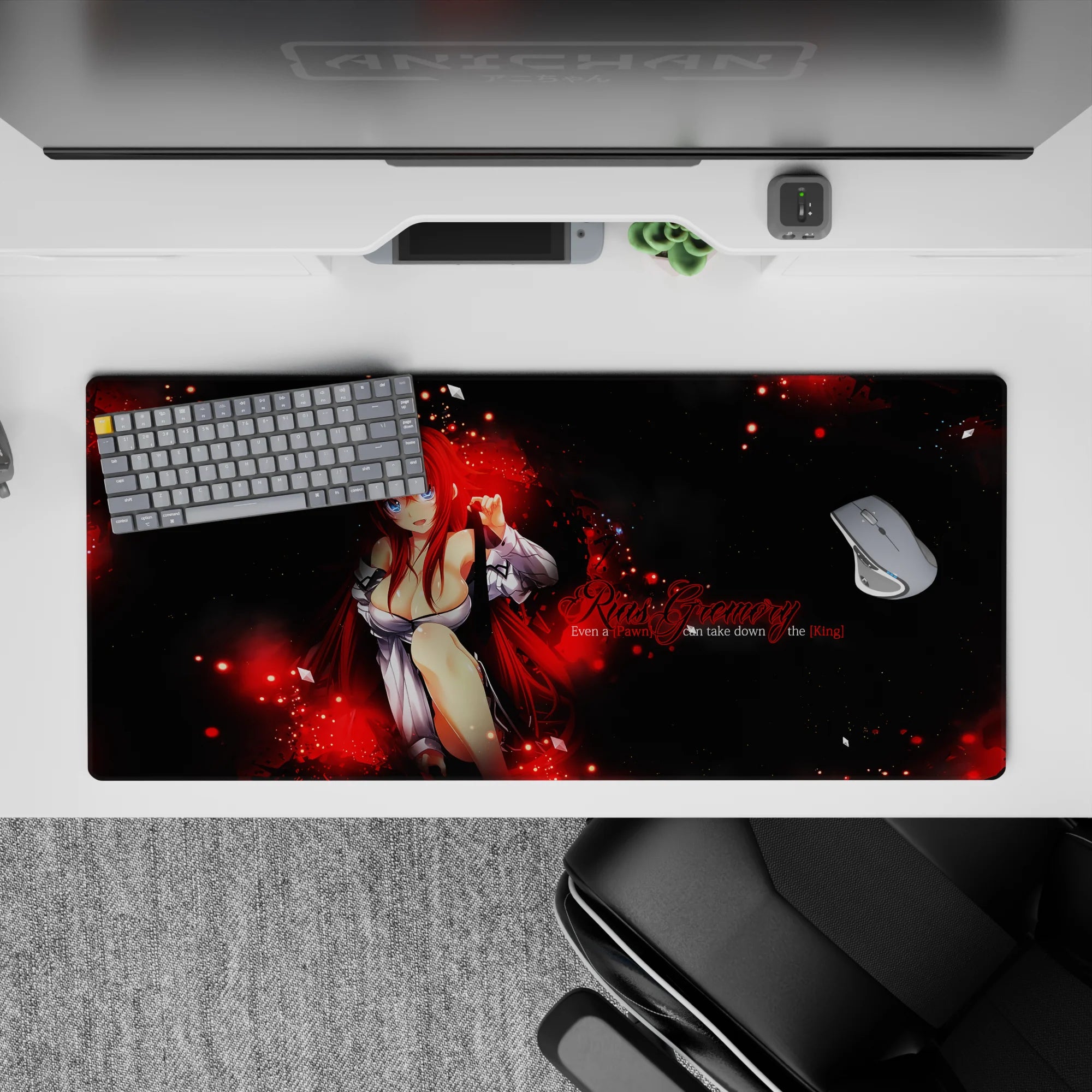 Rias Gremory desk pad 36x16 inches, in red flame and shadow, with chess metaphors from High School DxD.