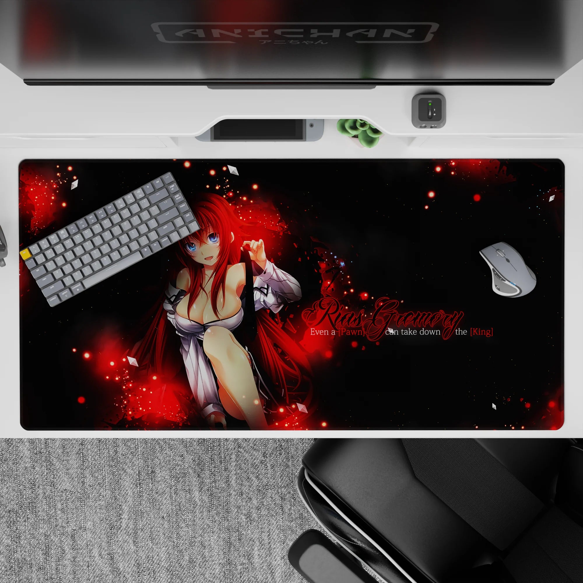 Rias Gremory from High School DxD on 40x20 inch desk pad, surrounded by red flames, with chess metaphors for fans.