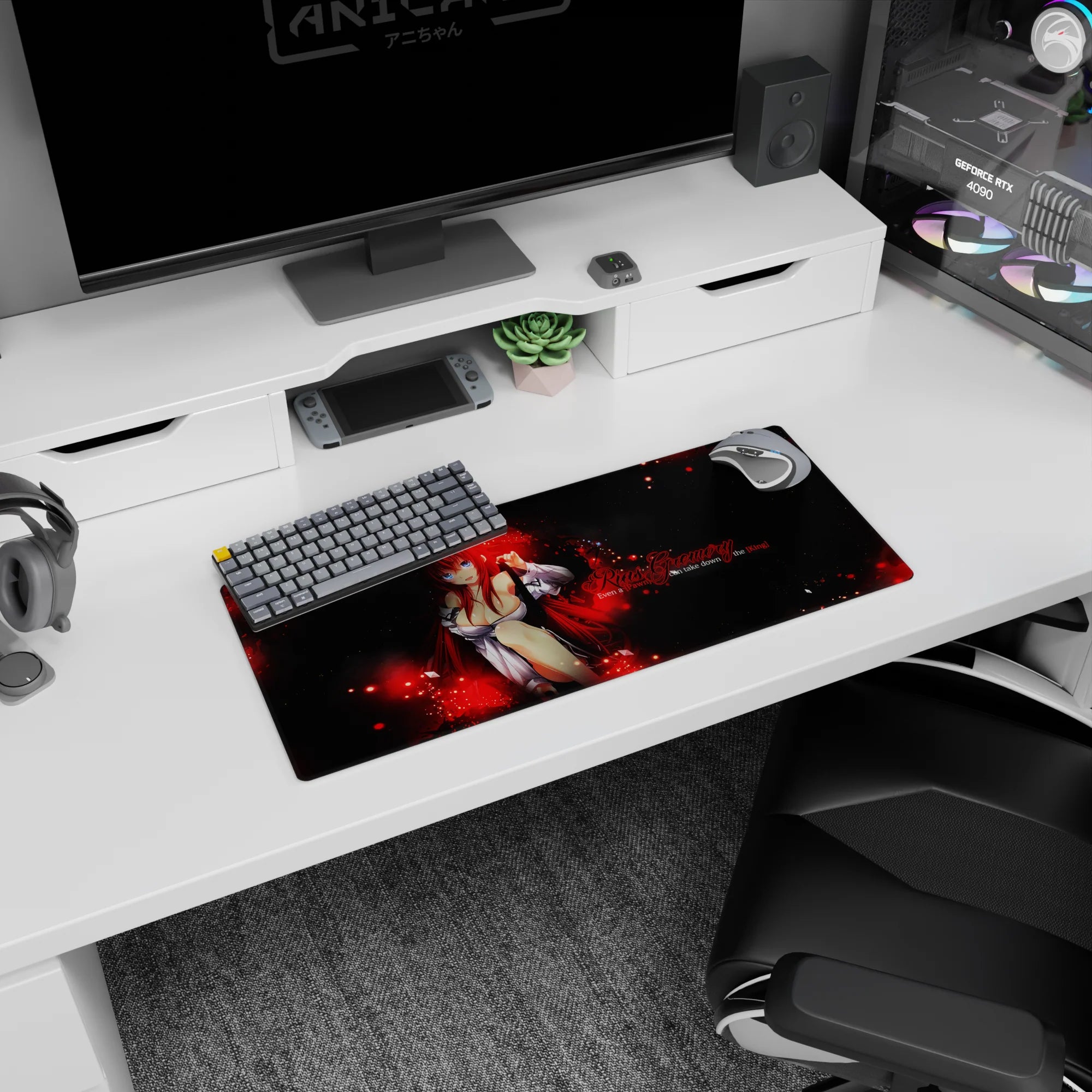Rias Gremory anime mouse pad, 28x12 inches, fiery red and black design with chess theme from High School DxD.