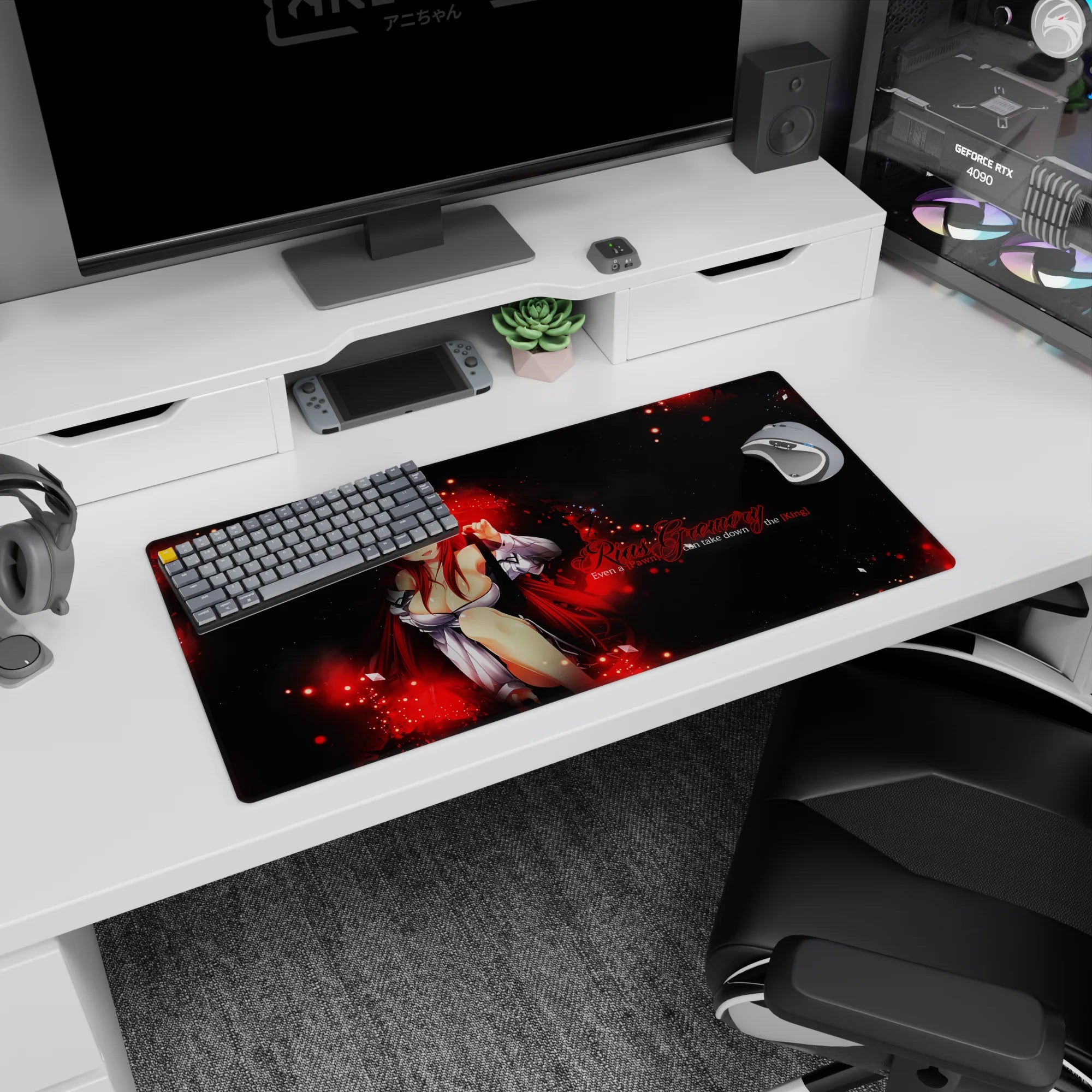 Rias Gremory anime mouse pad, 32x16 inches, High School DxD theme, featuring red flames, chess metaphors, and dynamic contrasts.