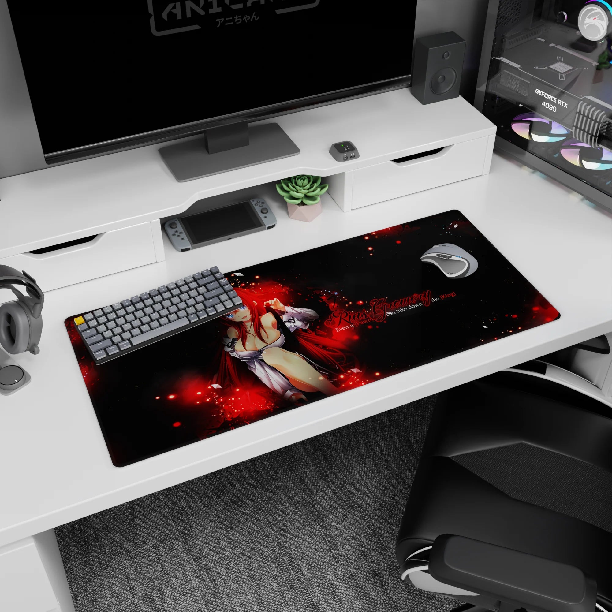 Rias Gremory 36x16 inch desk pad, red flames and shadows, chess theme from High School DxD, perfect for anime fans.