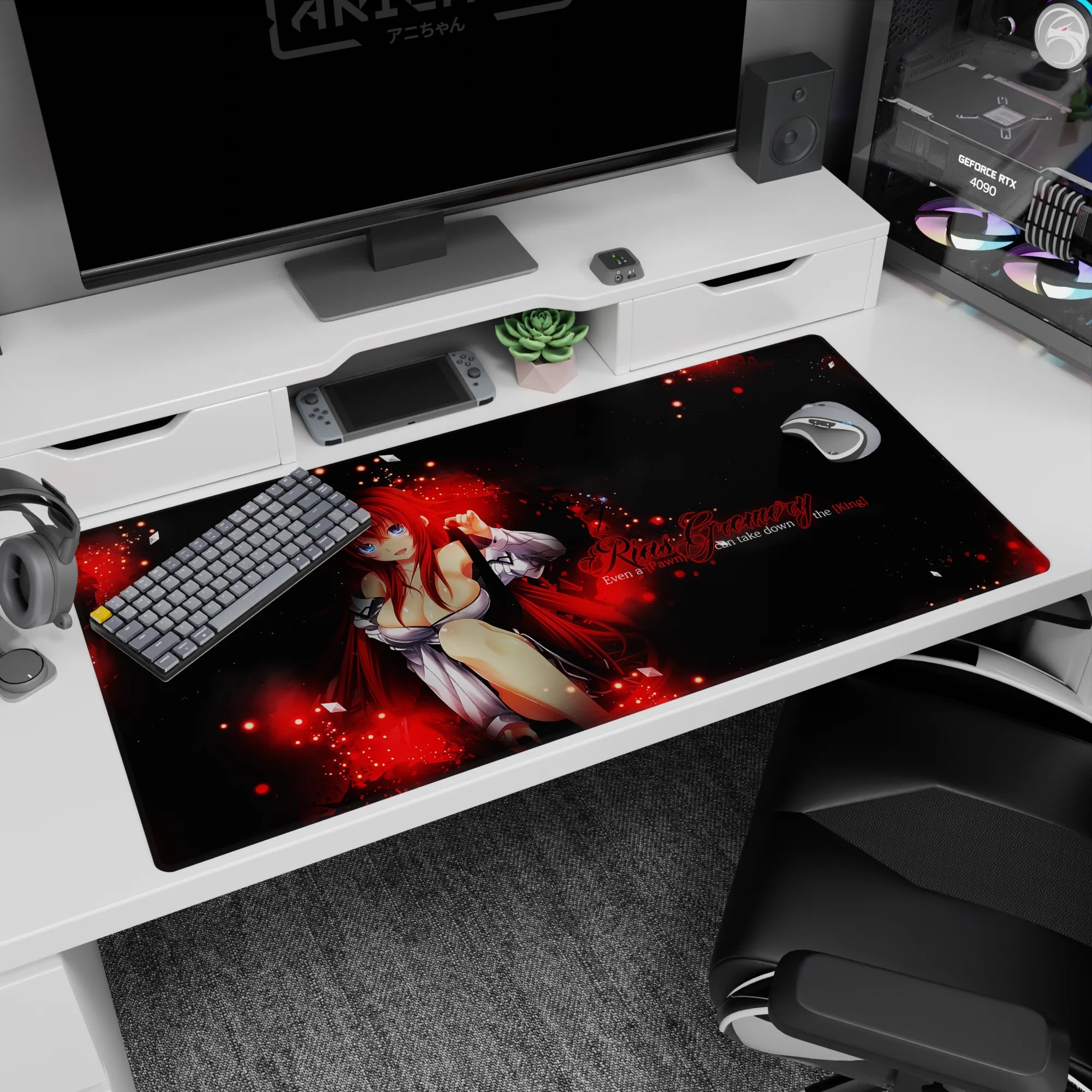 Rias Gremory 40x20 inch anime desk pad from High School DxD, red flames and chess motifs for fans of bold designs.