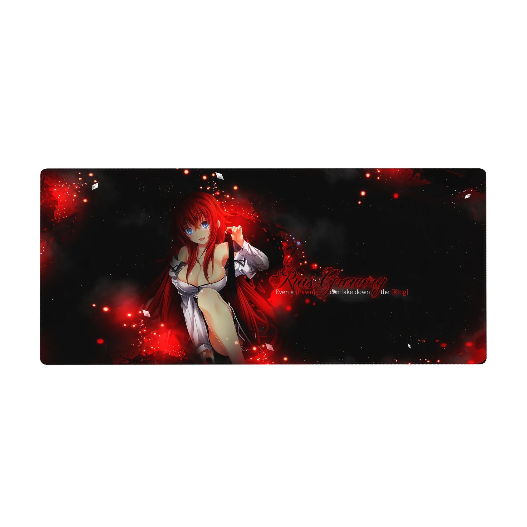 Rias Gremory from High School DxD in red flame on 36x16 inch desk pad, chess motifs and dynamic energy for fans.