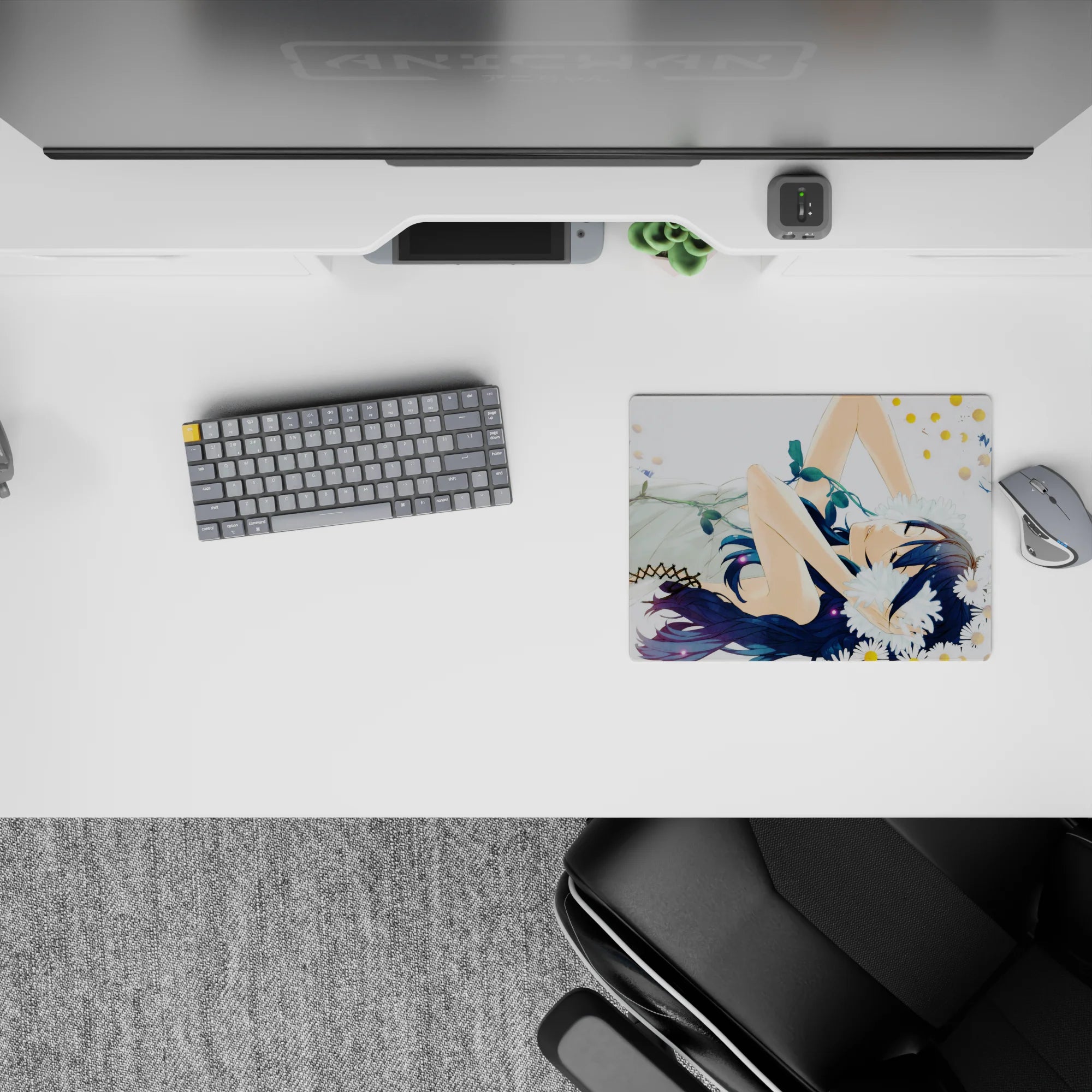 Dreamy romance anime mouse pad 14x10 inches in crisp whites, creamy tones, deep blues, calm summer vibe.