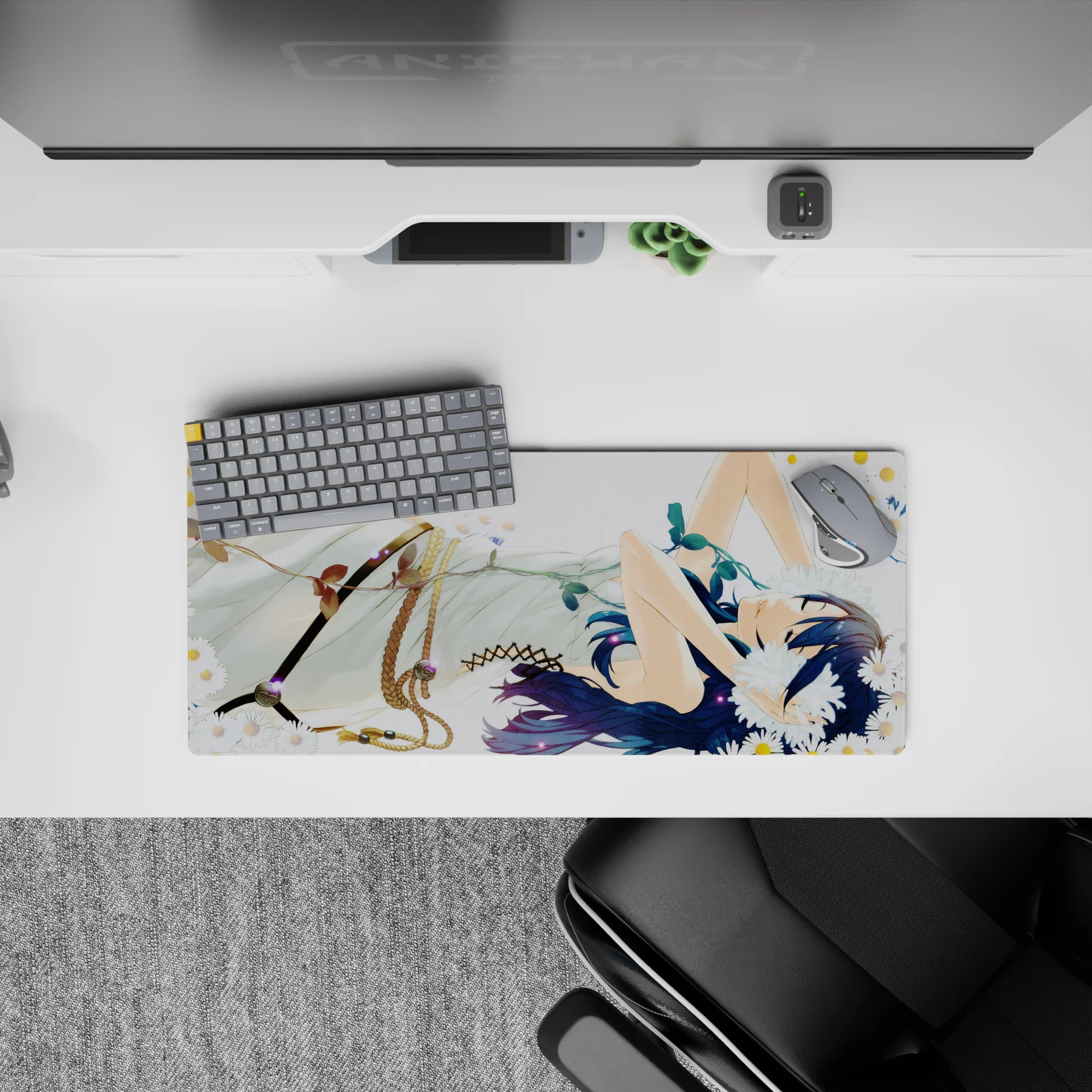 28x12 inches anime desk mat in soft whites and creamy tones, calm romantic vibe with deep blue accents.