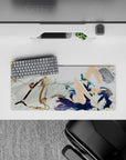 28x12 inches anime desk mat in soft whites and creamy tones, calm romantic vibe with deep blue accents.