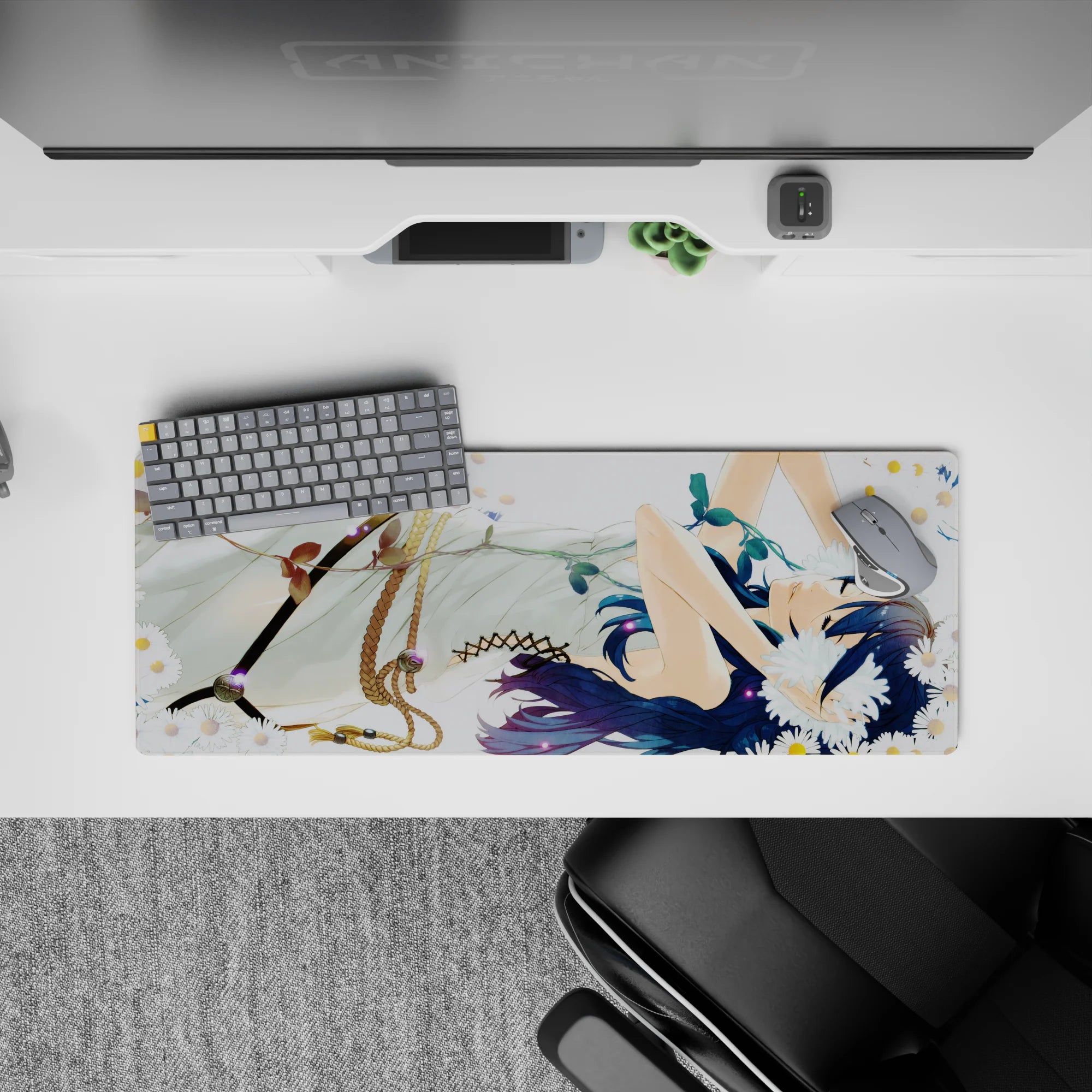 32x12 inches desk mat in soft whites and creamy tones, calm romantic vibe with deep blue accents.