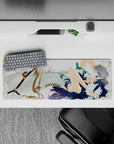 32x12 inches desk mat in soft whites and creamy tones, calm romantic vibe with deep blue accents.