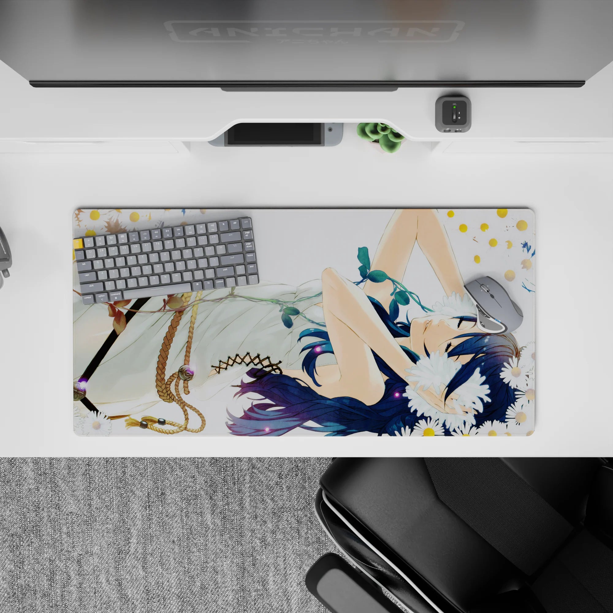 32x16 inches anime desk mat in crisp whites and creamy tones, calm romantic vibe with deep blue accents.