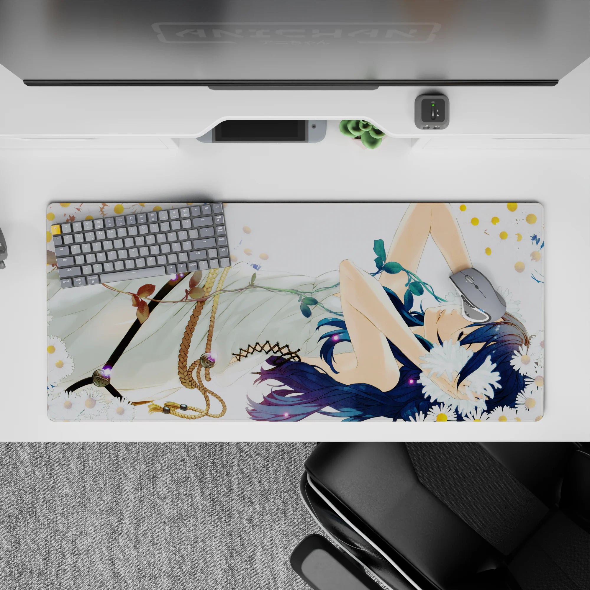 Calm blue-and-white anime desk pad 36x16 inches, creamy tones with gold confetti dots for a cozy vibe.