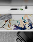 Calm blue-and-white anime desk pad 36x16 inches, creamy tones with gold confetti dots for a cozy vibe.