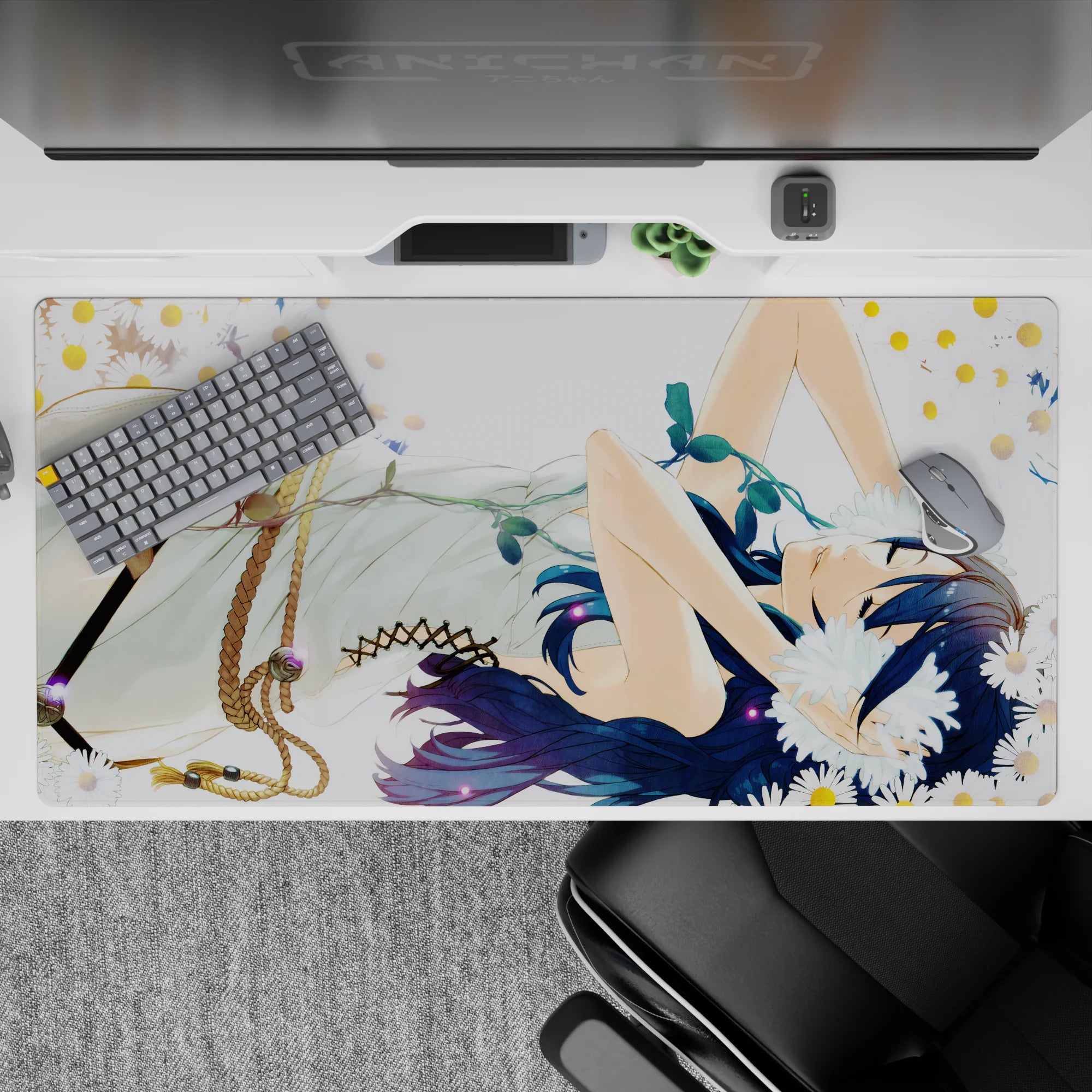 Soft blue hair anime desk pad 40x20 inches in dreamy pastel tones, calm romantic summer mood.